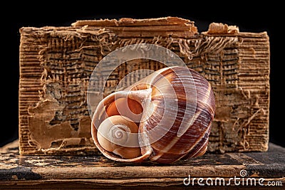 A small snail shell arranged in a large shell. Mollusk shell on the old book cover Stock Photo