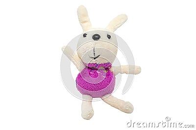 Small soft children`s toy bunny with white wool hair, purple round body, nose and eyes from black beads, isolated on white Stock Photo