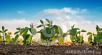 Small soybean plants growing in row Stock Photo