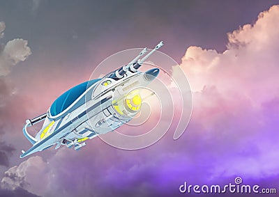 Small space ship floating in a clouded background Cartoon Illustration