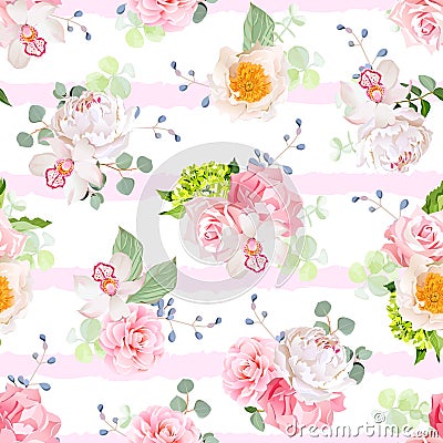 Small spring bouquets of rose, peony, camellia, orchid, carnation, hydrangea, blue berries and eucaliptis leaves. Vector Illustration