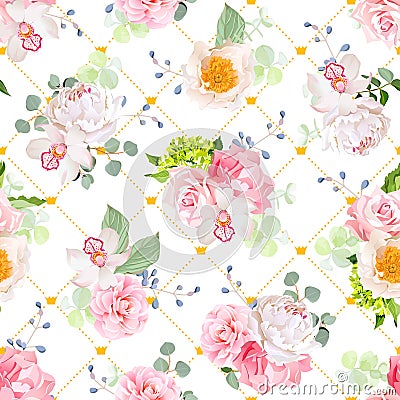 Small spring bouquets of rose, peony, camellia, orchid, carnation, hydrangea, blue berries and eucaliptis leaves. Vector Illustration