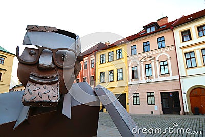 Small Square Male namesti in Hradec Kralove city, Czech Republic, bohemian region with the statue in the front. Dusk in the city Editorial Stock Photo