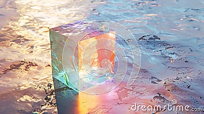 A small square of water that is covered by rainbow luster, in the style of made of wire Stock Photo