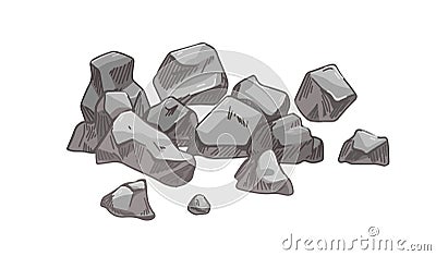 Small stones heap. Broken cobblestones pile. Gravel pieces composition. Natural granite, building fossil. Rock fragments Vector Illustration