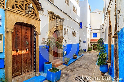 Small streets in blue and white in the kasbah of the old city Ra Stock Photo