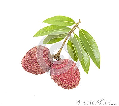 A small string fresh lychees on white background Stock Photo