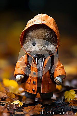 a small stuffed animal wearing an orange coat and boots Stock Photo