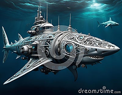 a small submarine with shark fins and a large white fish Cartoon Illustration