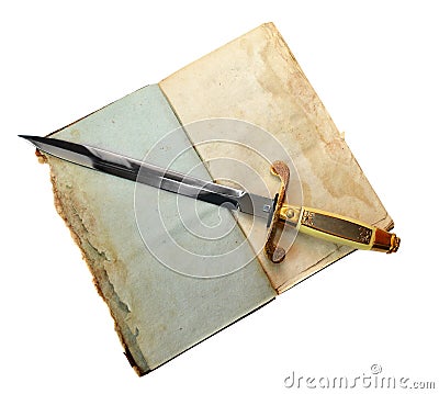 Small sword on open old diary Stock Photo