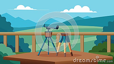 A small table with a spotting scope and a binoculars propped up on a balcony providing a perfect view of a nearby bird Vector Illustration