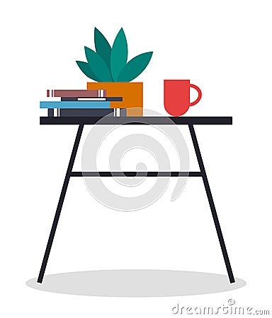 A small table with a stack of books, potted plant and a cup of coffee or tea. Cozy workplace Vector Illustration