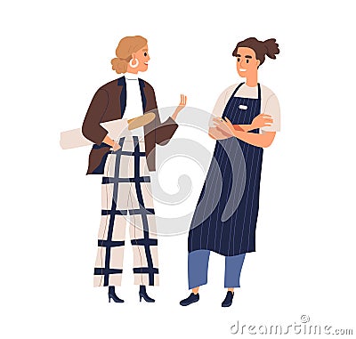 Small talk between buyer and seller. Woman with fresh baguette chatting with friendly smiling bakery vendor Vector Illustration