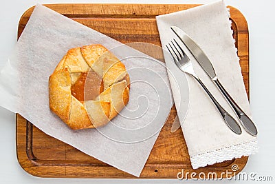 Small tart pie with persimmon and peach jam, french galette. Stock Photo