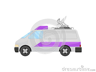 Television broadcasting van with satellite dish antenna on roof. Broadcast vehicle. Flat vector design Vector Illustration