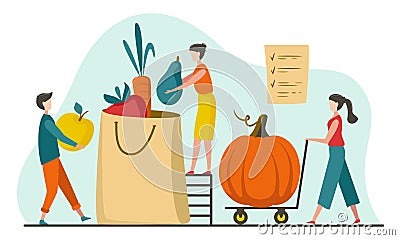 Small tiny people collect giant fruits and vegetables. Farm fresh, Eat local concept for Grocery Market, Online Store, Home Vector Illustration