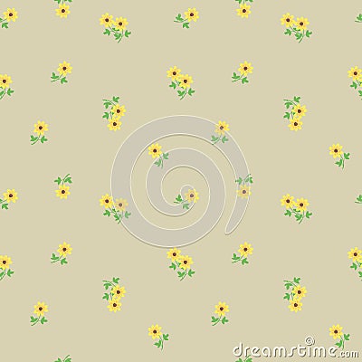 Small tiny yellow flowers with leaves scattered on the beige background. Cute ditsy liberty floral vintage seamless pattern, backg Vector Illustration
