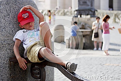 Small boy tourist rests Editorial Stock Photo