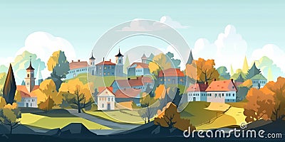 Small Town Autumn Landscape Cartoon Cartoon Illustration