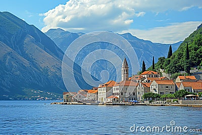 A small town with a church and a lake in the background Stock Photo