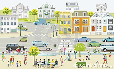 Small town with houses and traffic, pedestrians in the suburb - illustration Vector Illustration