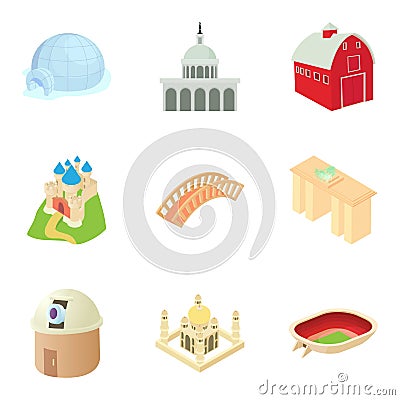 Small town icons set, cartoon style Vector Illustration