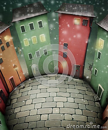 Small town square on Christmas night Stock Photo