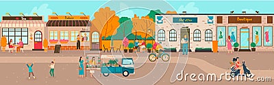 Small town streets, people walking, houses of bakery, cafe and shops old european architecture cityscape cartoon vector Vector Illustration