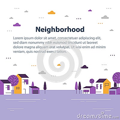 Small town, tiny village view, row of residential houses, beautiful neighborhood Vector Illustration