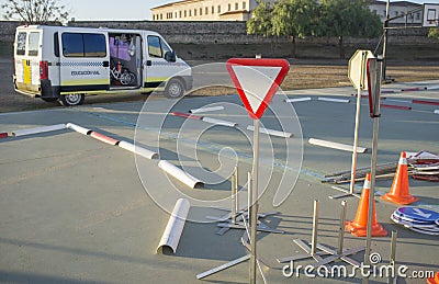 Small traffic signals toy for kids learning street rules at primary school Stock Photo