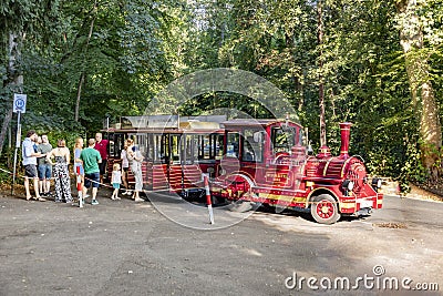 Small train called THermine covers all touristic highlights of Wiesbaden from the downtown landmarks to the scenic spots outside Editorial Stock Photo