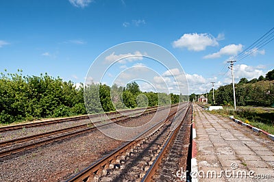 Small train station. Village train stop. Stock Photo