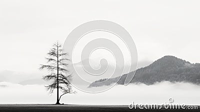 Majestic Lone Tree In Monochromatic Minimalist Portrait Stock Photo