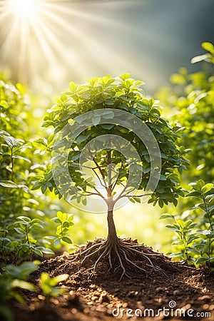 A small tree at sunrise, vertical composition Stock Photo