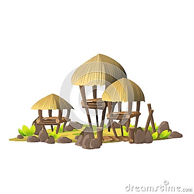 Small tropical island with simple shacks, wooden houses with thatched roofs. Island with the village of savages on a white Stock Photo