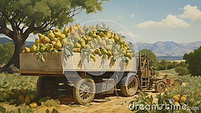 a small truck carrying a bounty of ripe, golden pears, neatly arranged for their journey Stock Photo