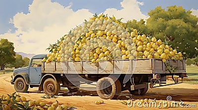 a small truck carrying a bounty of ripe, golden pears, neatly arranged for their journey Stock Photo