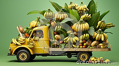 a small truck carrying golden ripe bananas, artfully arranged and waiting to hit the road Stock Photo