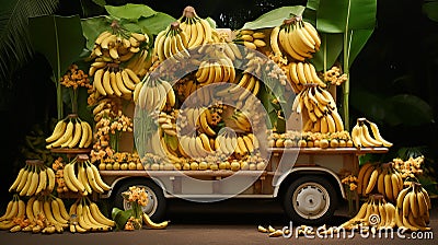 a small truck carrying golden ripe bananas, artfully arranged and waiting to hit the road Stock Photo