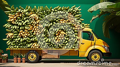 a small truck carrying golden ripe bananas, artfully arranged and waiting to hit the road Stock Photo