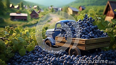 a small truck loaded with plump, sweet blueberries, arranged in crates and ready for the road. Stock Photo