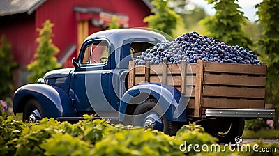 a small truck loaded with plump, sweet blueberries, arranged in crates and ready for the road. Stock Photo
