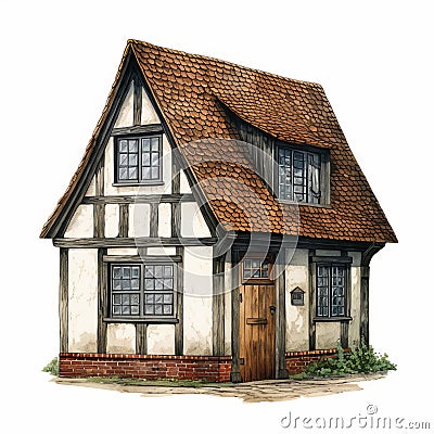 Hyperrealistic Illustrations Of White Tudor Style Houses Cartoon Illustration