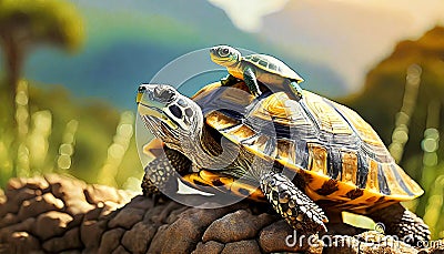 Small Turtle on the Carapace of a Large Turtle - Generative Ai Stock Photo