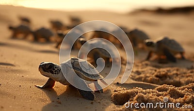 Small turtle crawling on sandy beach in Maui generated by AI Stock Photo