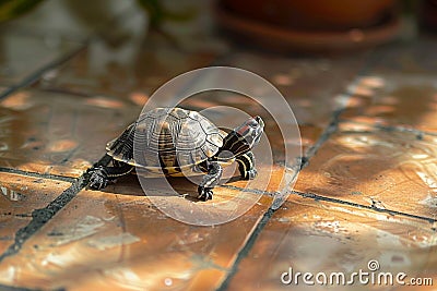 Small turtle traverses tile floor, shell glinting in ambient light Stock Photo