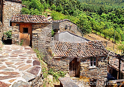 Small typical mountain village of schist Stock Photo