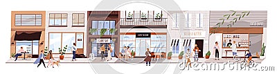 Small urban street with cafes and shops vector flat illustration. Happy man, woman and couples walking on modern city Vector Illustration