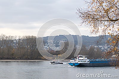 A small vessel passing a river barge on the river Rhine in autumn with branches in the foreground Stock Photo