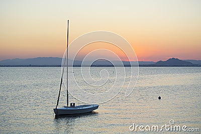 Small Vessel at Sunset in Mar Menor Stock Photo